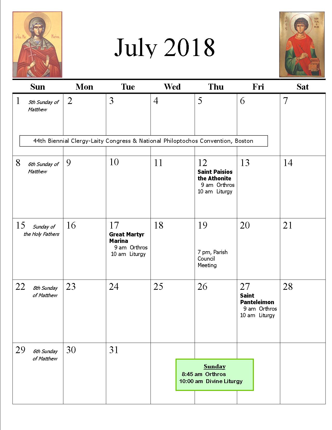 July 2018 Lamplighter Calendar added St Paisios DL